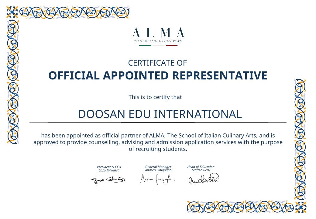 ALMA 공식 지정 대표 인증서 — Doosan Edu International